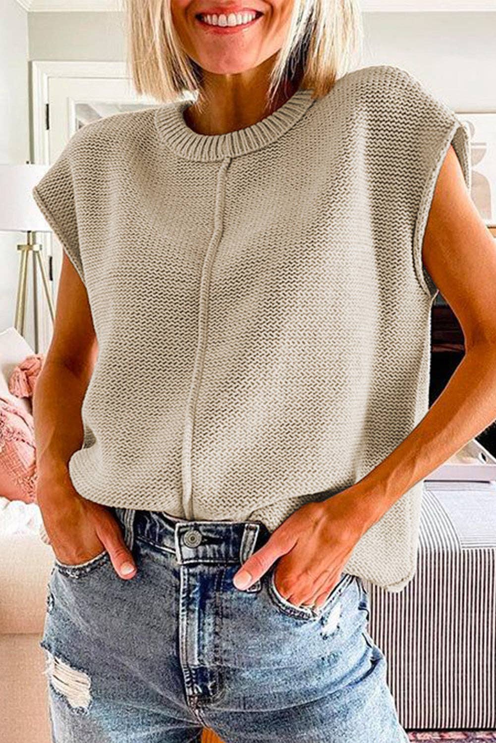 Moonstone Cap Sleeve Ribbed Sweater